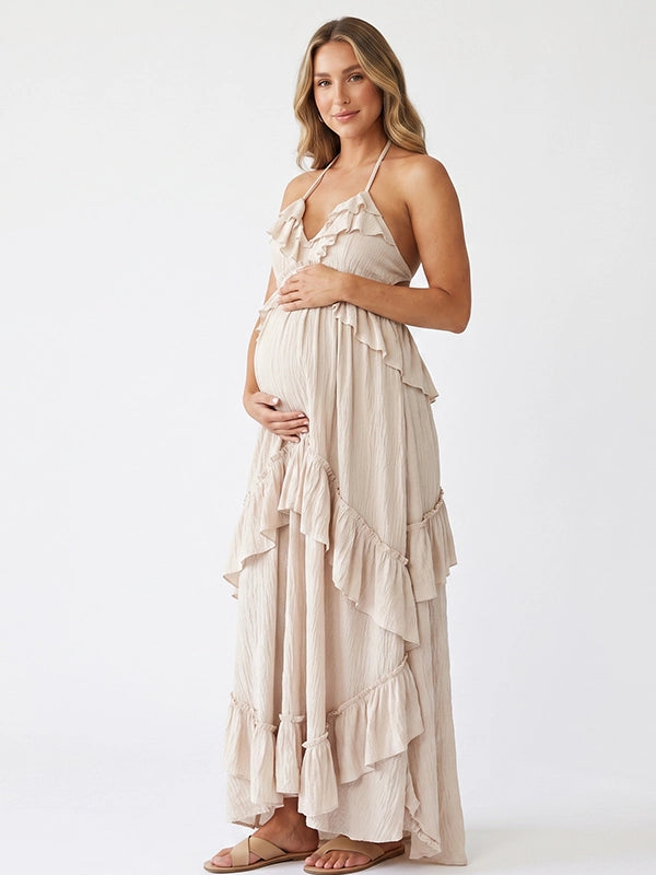Beige Maternity Maxi Dress with Cascading Ruffles | Bumplook