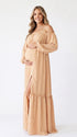 Beige Baby Shower Maternity Dress, Off Shoulder Maxi Dress for Maternity Photoshoot, Pregnancy Announcement, Gender Reveal, Wedding Guest, Formal Events | Bumplook