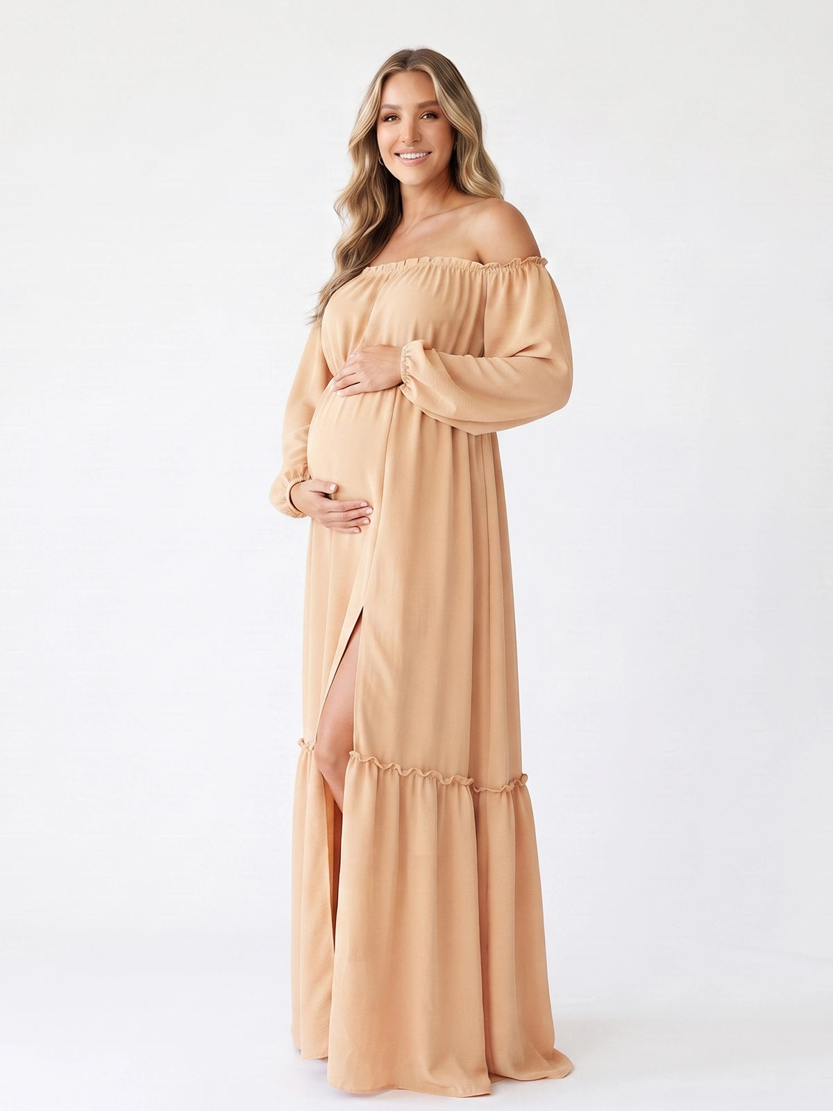 Beige Baby Shower Maternity Dress, Off Shoulder Maxi Dress for Maternity Photoshoot, Pregnancy Announcement, Gender Reveal, Wedding Guest, Formal Events | Bumplook