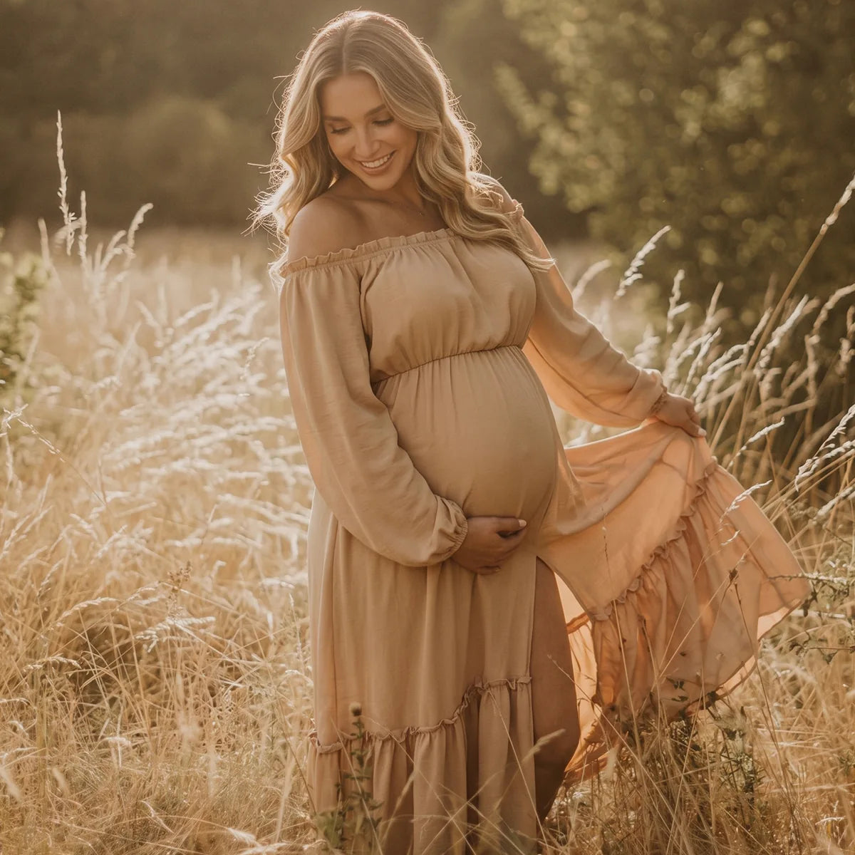 Beige Boho Maternity Dress, Maternity Photoshoot Dress for Baby Shower, Pregnancy Announcement, Gender Reveal, Wedding Guest, Bridal Shower, Formal Events | Bumplook