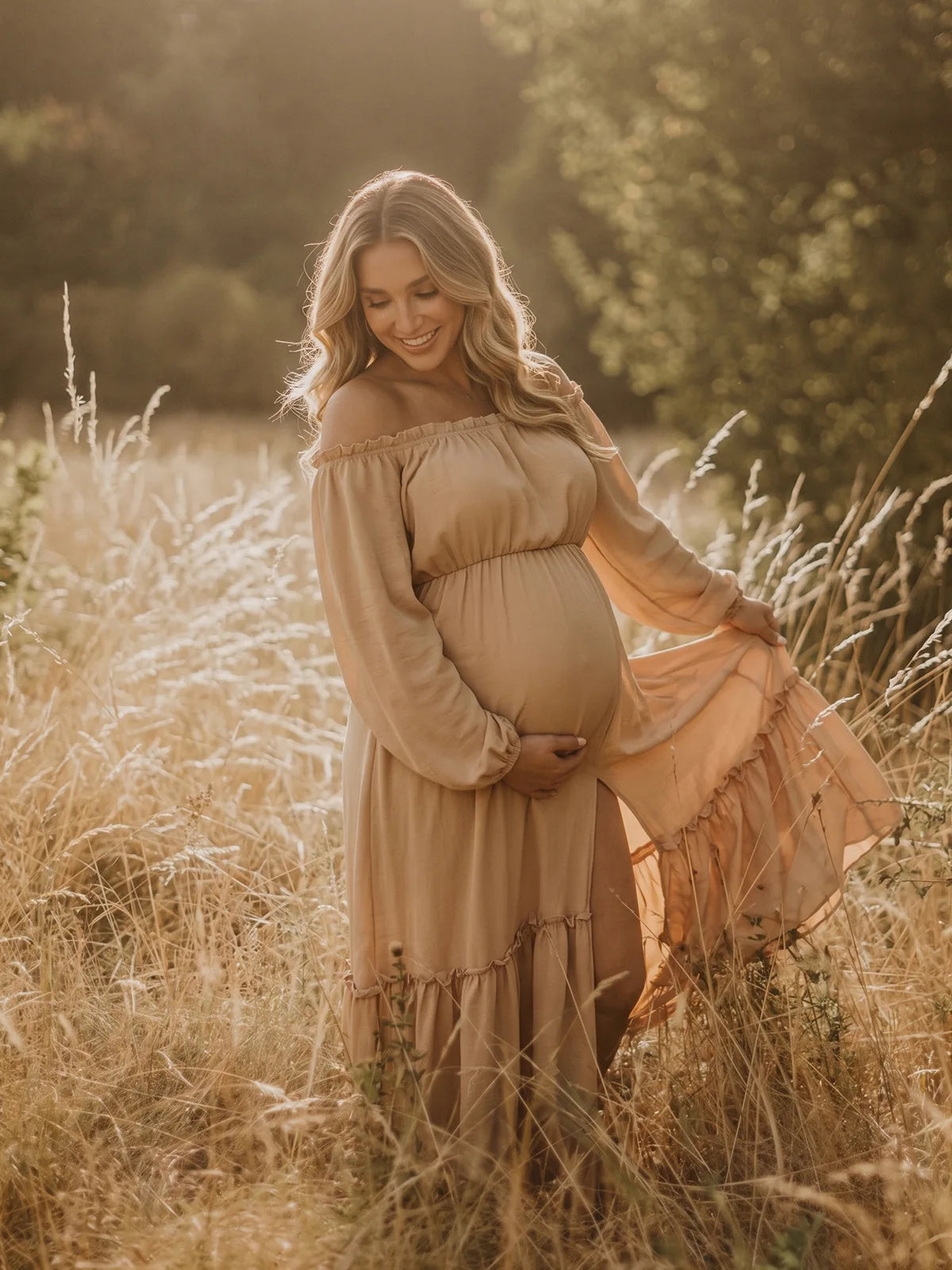 Beige Boho Maternity Dress, Maternity Photoshoot Dress for Baby Shower, Pregnancy Announcement, Gender Reveal, Wedding Guest, Bridal Shower, Formal Events | Bumplook