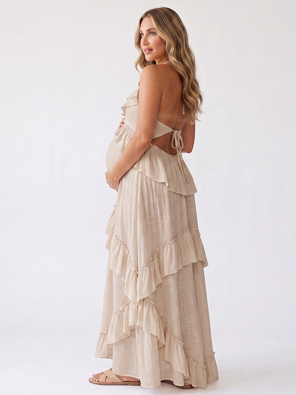 Beige Boho Ruffle Maternity Maxi Dress | Bumplook