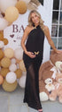 Black Open Back Halter Maternity Maxi Dress for Baby Shower | Bumplook