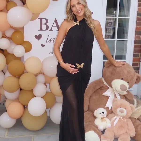 Black Open Back Halter Maternity Maxi Dress for Baby Shower | Bumplook