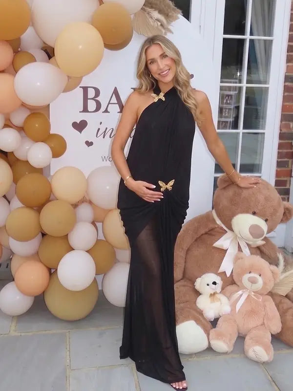 Black Open Back Halter Maternity Maxi Dress for Baby Shower | Bumplook