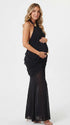 Black Halter Ruched Maternity Maxi Dress with Butterfly Detail | Bumplook