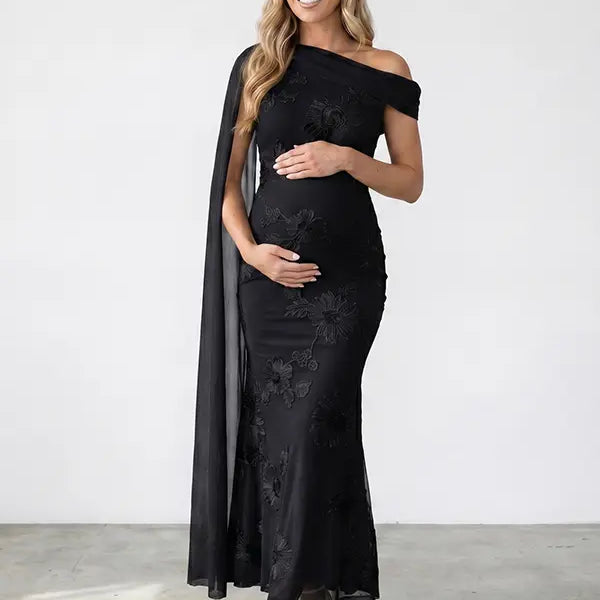 black embroidered floral maternity maxi dress with off shoulder mermaid silhouette