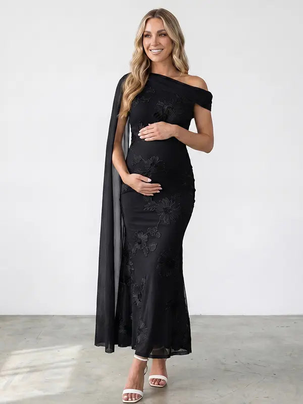 black embroidered floral maternity maxi dress with off shoulder mermaid silhouette