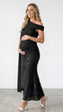 black embroidered floral maternity maxi dress with off shoulder mermaid silhouette