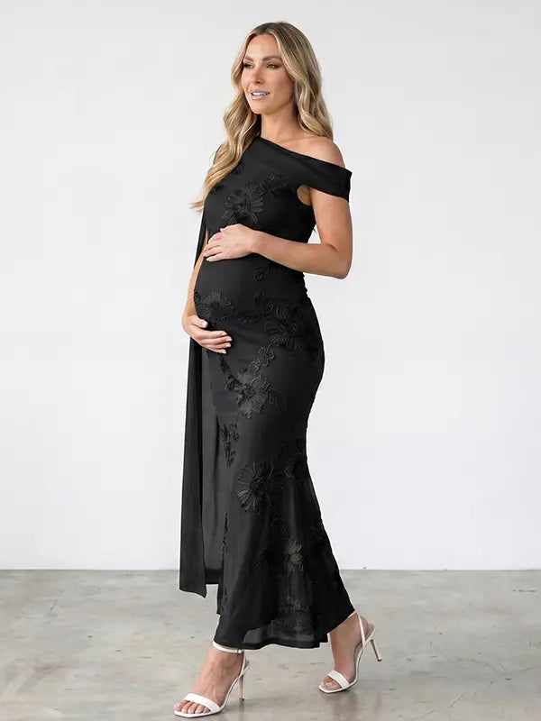 black embroidered floral maternity maxi dress with off shoulder mermaid silhouette
