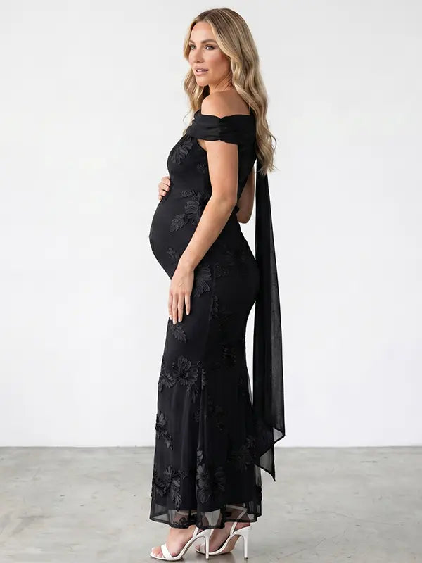 black embroidered floral maternity maxi dress with off shoulder mermaid silhouette