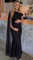 black embroidered floral maternity maxi dress with off shoulder mermaid silhouette
