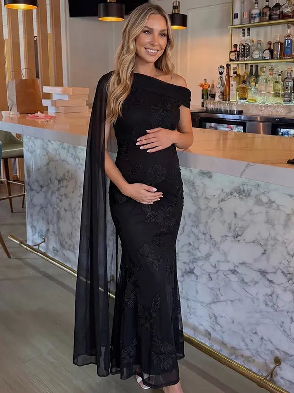 black embroidered floral maternity maxi dress with off shoulder mermaid silhouette