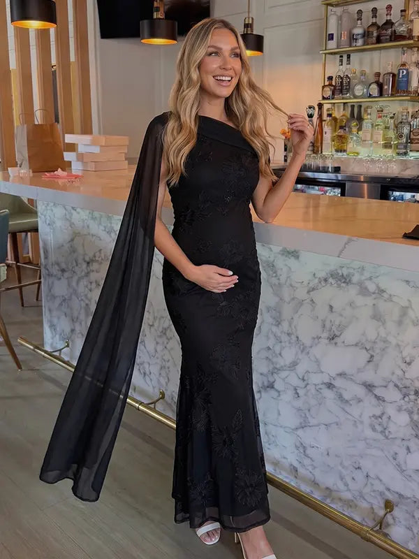 black embroidered floral maternity maxi dress with off shoulder mermaid silhouette