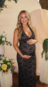 Black Open Back Maternity Maxi Dress with Floral Lace and Fitted Pregnancy Silhouette | Bumplook