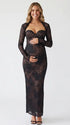 Black Floral Lace Sweetheart Long Sleeve Maternity Maxi Dress for Luxury Maternity Photoshoot, Baby Shower, Pregnancy Announcement, Fine Art Portrait and Formal Events | Bumplook
