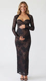 Black Floral Lace Sweetheart Long Sleeve Maternity Maxi Dress for Luxury Maternity Photoshoot, Baby Shower, Pregnancy Announcement, Fine Art Portrait and Formal Events | Bumplook