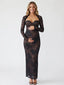 Black Floral Lace Sweetheart Maternity Maxi Dress with Long Sleeves