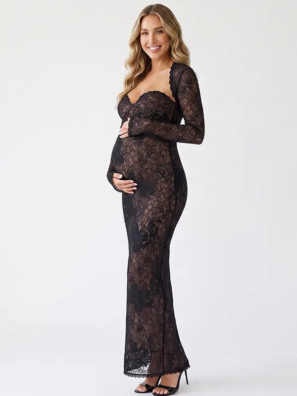 Black Floral Lace Sweetheart Long Sleeve Maternity Maxi Dress for Luxury Maternity Photoshoot, Baby Shower, Pregnancy Announcement, Fine Art Portrait and Formal Events | Bumplook
