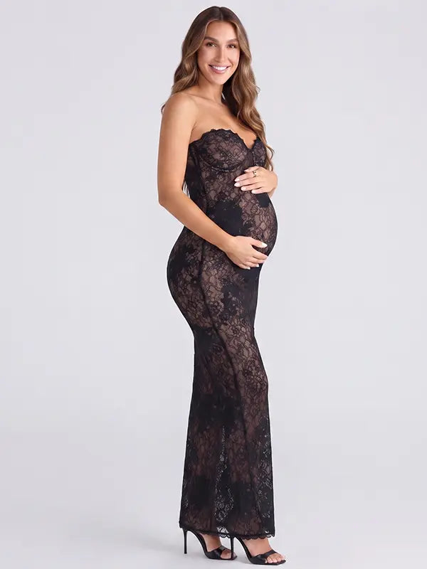 Black Floral Lace Sweetheart Long Sleeve Maternity Maxi Dress for Luxury Maternity Photoshoot, Baby Shower, Pregnancy Announcement, Fine Art Portrait and Formal Events | Bumplook