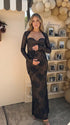 Black Floral Lace Sweetheart Long Sleeve Maternity Maxi Dress for Luxury Maternity Photoshoot, Baby Shower, Pregnancy Announcement, Fine Art Portrait and Formal Events | Bumplook
