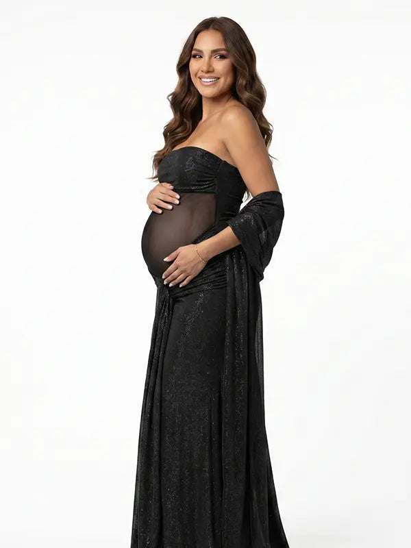 black glitter maternity maxi dress sheer mesh bodycon pregnancy gown