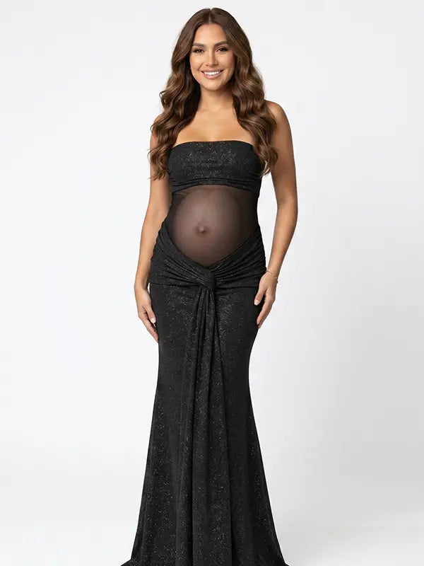 black glitter maternity maxi dress sheer mesh bodycon pregnancy gown