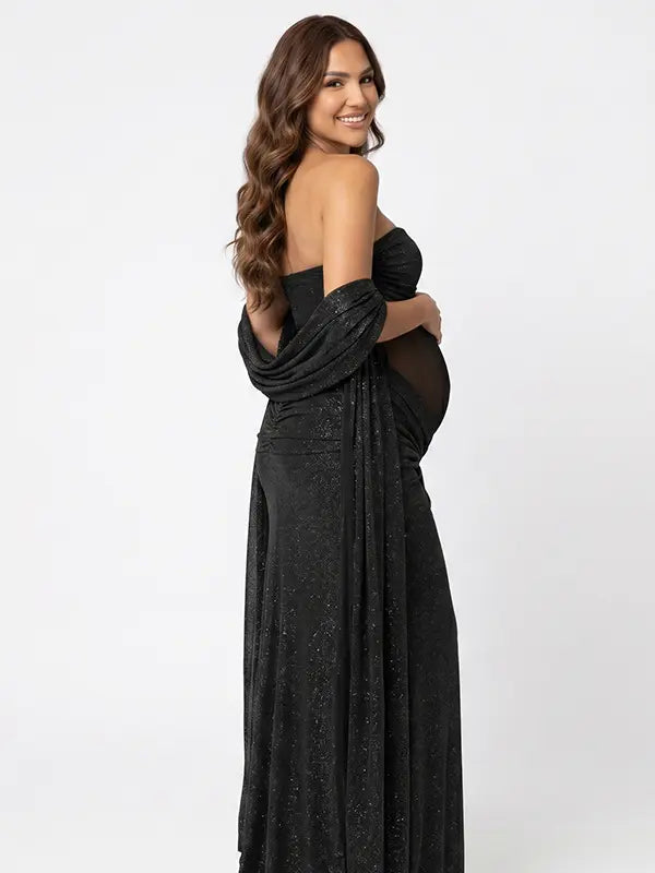 black glitter maternity maxi dress sheer mesh bodycon pregnancy gown