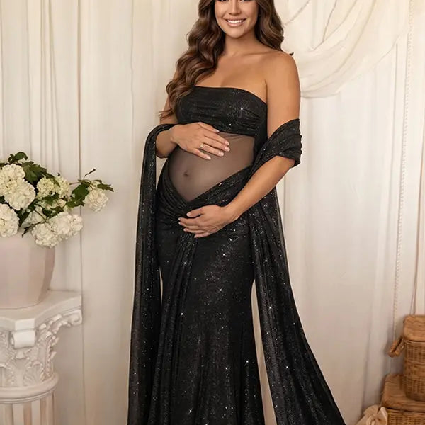 luxury black maternity dress with glitter mesh fabric and draped sleeves for maternity photoshootgown