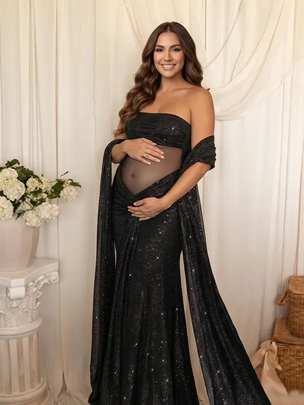 luxury black maternity dress with glitter mesh fabric and draped sleeves for maternity photoshootgown