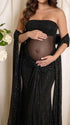 luxury black maternity dress with glitter mesh fabric and draped sleeves for maternity photoshoot