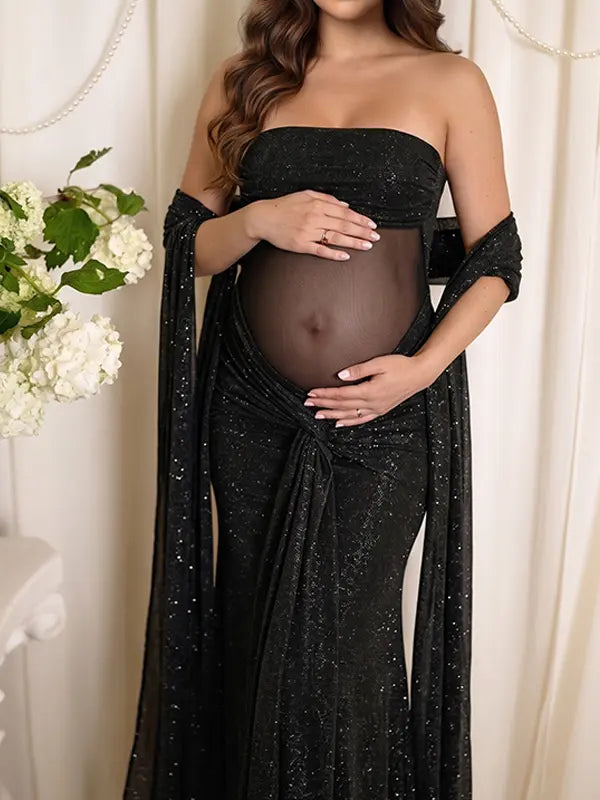 luxury black maternity dress with glitter mesh fabric and draped sleeves for maternity photoshoot