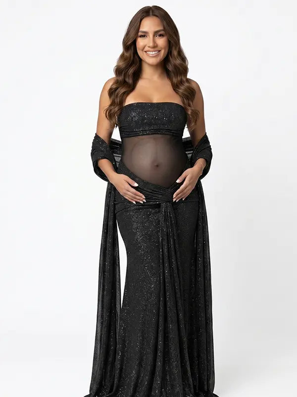 black glitter maternity maxi dress sheer mesh bodycon pregnancy gown