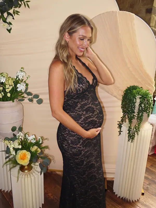 Black Floral Lace Maternity Maxi Dress with Halter Neck and Bodycon Fit | Bumplook