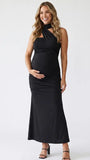 black halter maternity maxi dress with ruched bodycon silhouette and cross neck detail