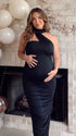 black halter maternity maxi dress with ruched bodycon silhouette and cross neck detail