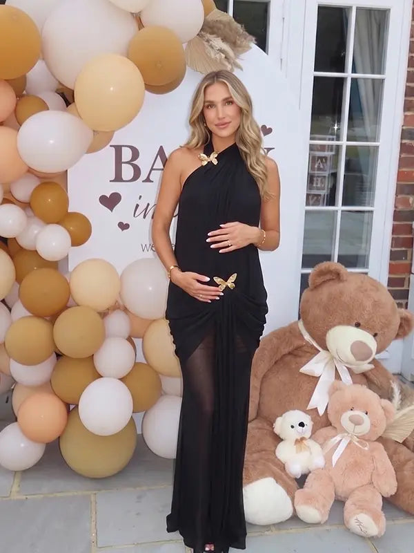 Black Butterfly Maternity Dress for Baby Shower with Gold Details | Bumplook