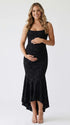 black jacquard maternity midi dress with corset bodice and high low hem
