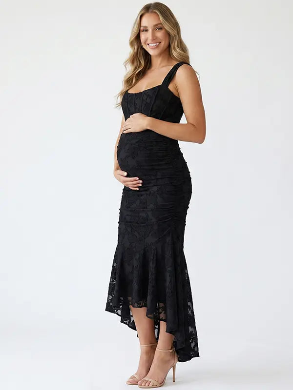 black jacquard maternity midi dress with corset bodice and high low hem