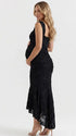 black jacquard maternity midi dress with corset bodice and high low hem