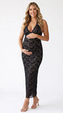 Black Lace Halter Maternity Bodycon Dress with Plunging V-Neck for Maternity Photoshoot | Bumplook