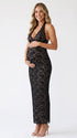 Black Halter Lace Maternity Dress with Plunging Neckline and Scalloped Lace Detail | Bumplook