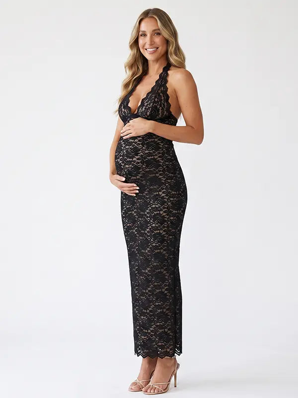 Black Halter Lace Maternity Dress with Plunging Neckline and Scalloped Lace Detail | Bumplook