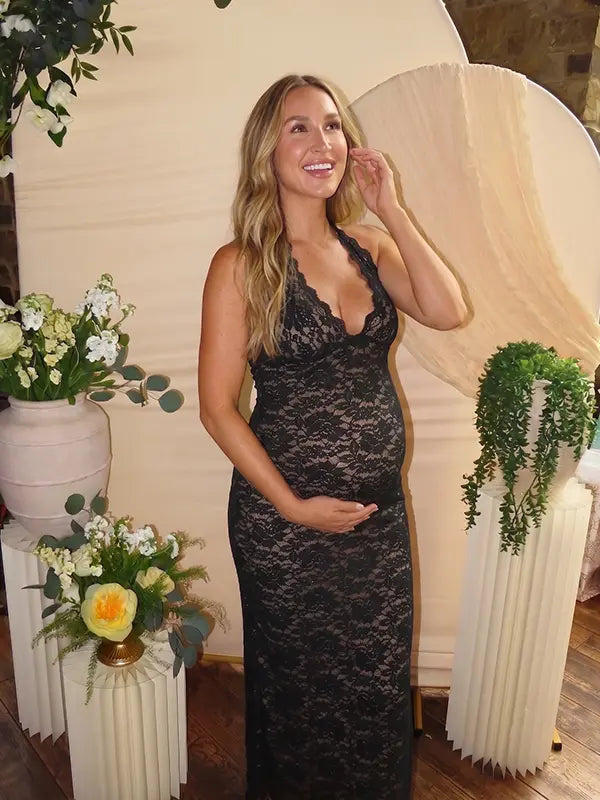 Black Lace Maternity Bodycon Maxi Dress with Open Back and Back Slit | Bumplook