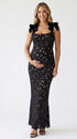 black lace maternity maxi dress with adjustable bow shoulder straps
