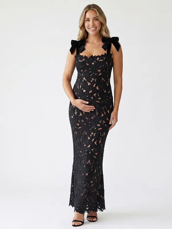 black lace maternity maxi dress with adjustable bow shoulder straps