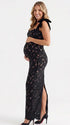 black lace maternity maxi dress with adjustable bow shoulder straps