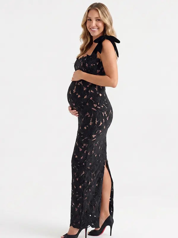 black lace maternity maxi dress with adjustable bow shoulder straps