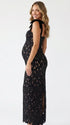 black lace maternity maxi dress with adjustable bow shoulder straps