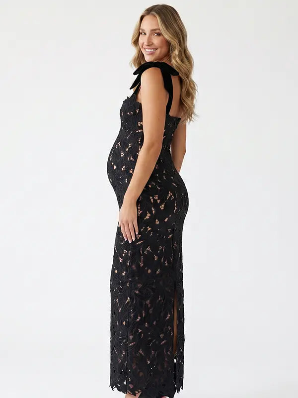 black lace maternity maxi dress with adjustable bow shoulder straps